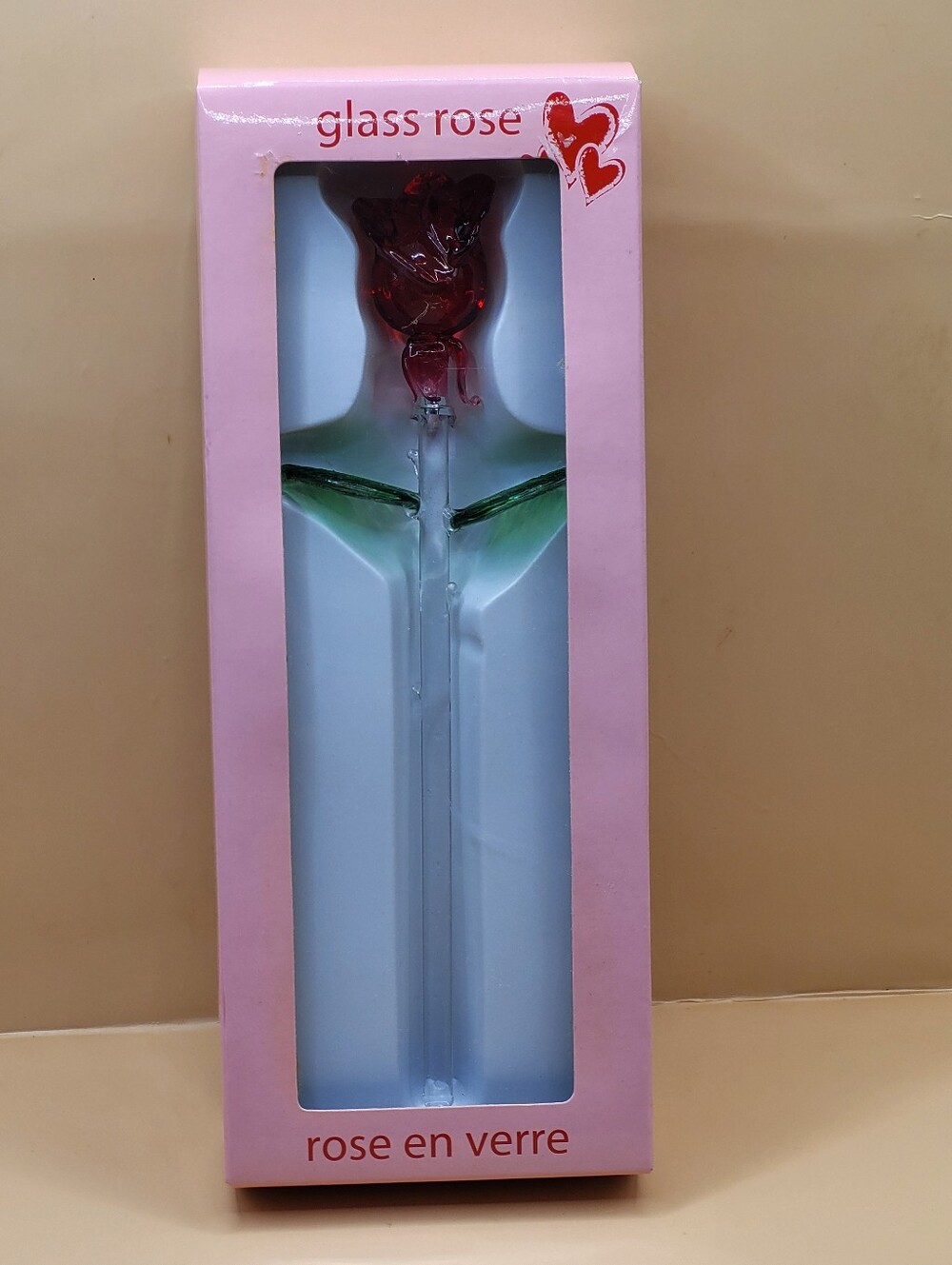NOS Hand Blown Glass Red Rose Figurine Stem In Original Box Loblaws 2008